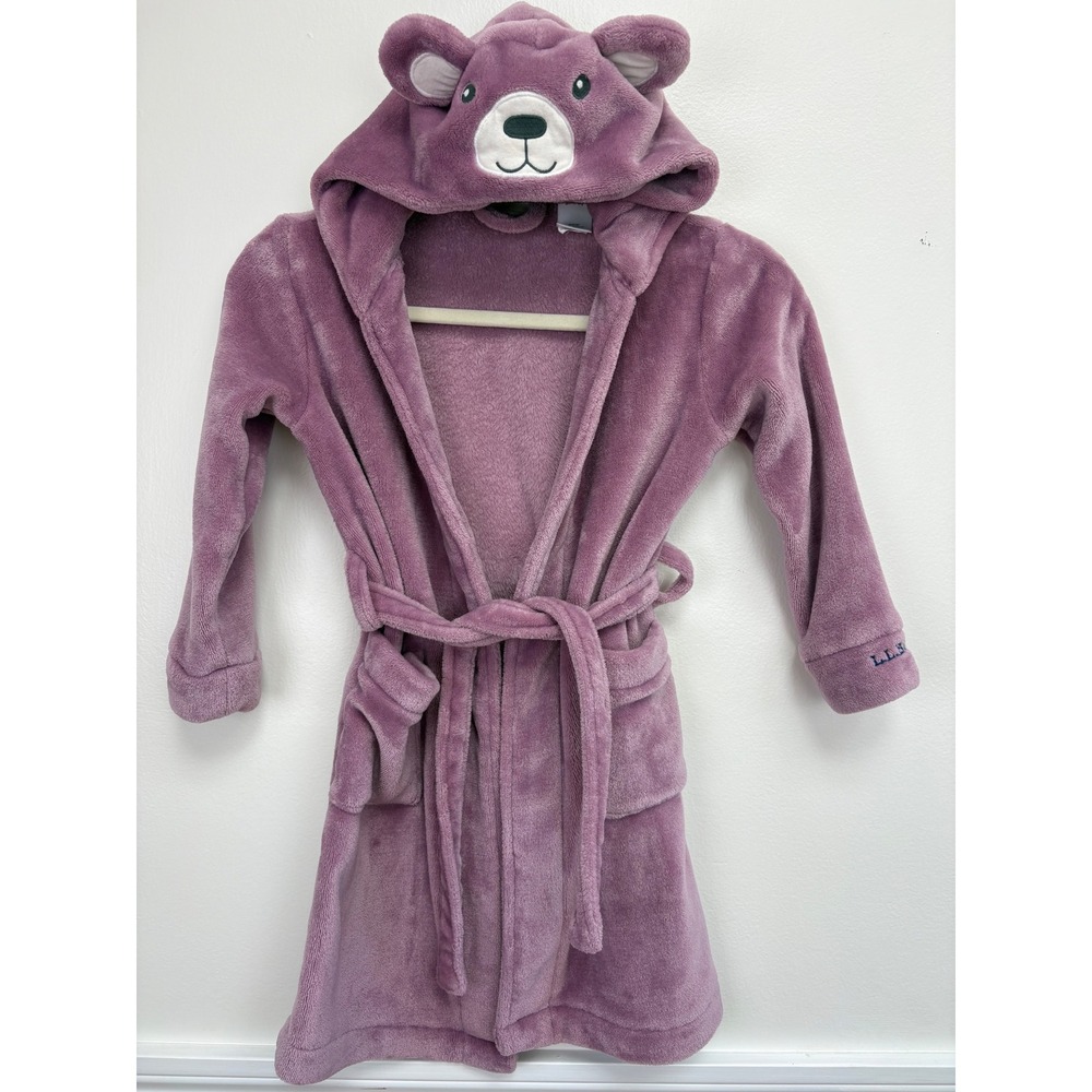 L.L. Bean Big Kids Cozy Hooded Bear Robe Size 4 Plush Purple Pockets Wrap Tie